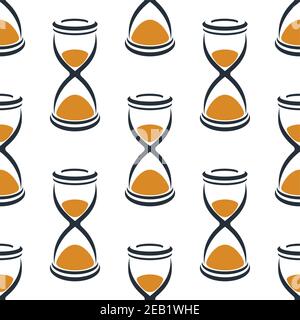 Seamless cartoon hourglasses in retro style with orange sand pattern on white background suitable for fabric or wrapping paper design Stock Vector