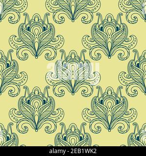 Vintage flourish seamless pattern in persian style with outline blue dense flower buds decorated with ethnic paisley ornaments on yellow background Stock Vector