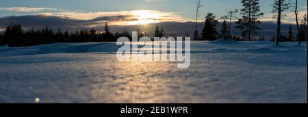 Magnificent panorama photo of vertical light orange Sun beam shining from behind of heavy clouds down to pine tree forest. Winter snowy field as foreg Stock Photo
