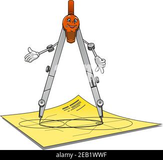 Cartoon school or architecture compass character with happy smiling face standing on a drawing paper suited for stationery or measurement equipment de Stock Vector
