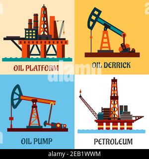 Oil production industry concept showing oil platforms in the ocean and oil pump jacks with texts Oil Platform, Oil Derrick, Petroleum and Oil Pump. Fl Stock Vector