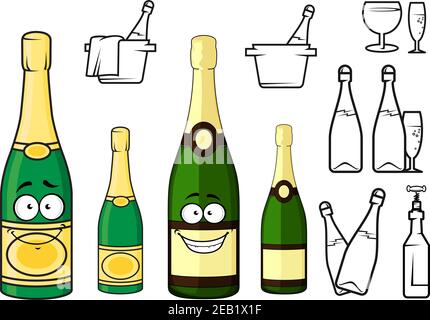 Cartoon champagne bottles characters with golden luxury labels and cheerful smiles isolated on white background with glasses, buckets, corkscrew and b Stock Vector