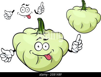 Teasing pattypan squash vegetable cartoon character with flattened scalloped edges isolated on white background for agriculture or vegetarian menu des Stock Vector