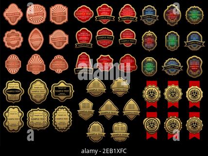 Luxury colorful label templates in retro style for food and beverages design with elegant floral elements and ribbon banners on black background Stock Vector