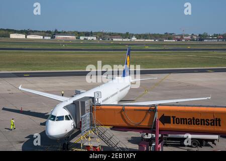 Berlin Germany - April 21. 2018: Lufthansa Airbus A321 at the gate of Berlin Tegel airport Stock Photo