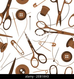 Seamless background pattern of sewing accessories in shades of brown scattered on a white background with scissors, thread, button, safety pin and thi Stock Vector