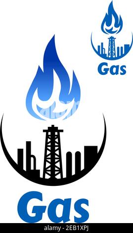 Gas processing factory icon or emblem with pipeline and blue flame for industrial design Stock Vector