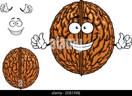 Smiling happy whole fresh walnut character in its shell with waving arms with a second plain variant with no face and separate elements Stock Vector