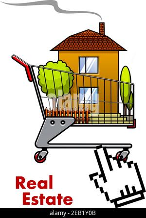 Shopping cart with house pointed by hand cursor for real estate industry concept design Stock Vector