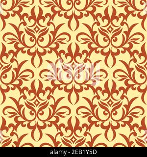 Retro foliage orange damask e seamless pattern with curly flowers on yellow background for wallpaper or carpet design Stock Vector