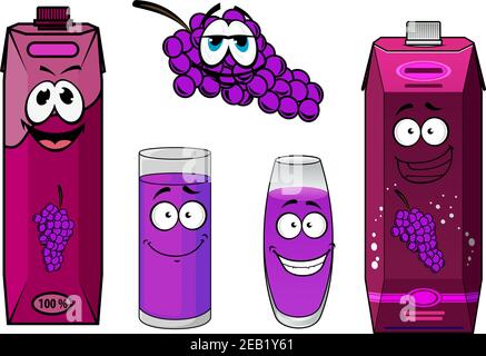 Cute smiling grape juice packs cartoon characters depicting bright violet cardboard containers with screw cups, glasses with grape juice and bunch of Stock Vector