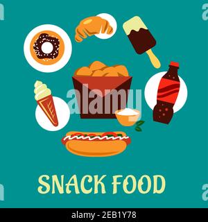 Snack food and drink concept in flat style including box of fried chicken with sauce cup surrounded ice cream, donut, soda, hot dog and croissant Stock Vector