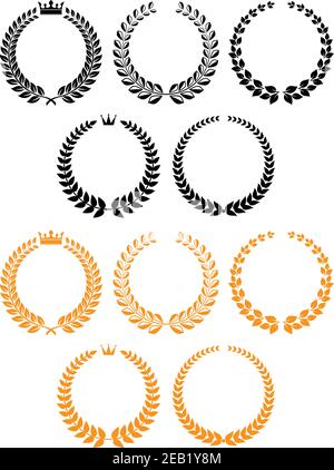 Traditional laurel wreaths in golden and black colors with crowns on the tops, for awards ceremony or sporting competition design Stock Vector