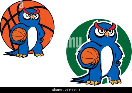 Blue owl player cartoon character standing with basketball ball under a wing on dark green background, suited for sporting team emblem or mascot desig Stock Vector