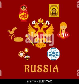 Russian traditional flat symbols depicting national doublehead eagle surrounded by ceramic gzhel dish, girl in national costume, religious icon, matry Stock Vector