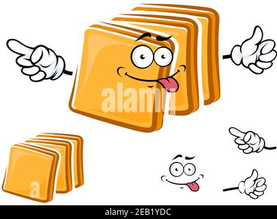 Happy cartoon sliced toasts of white bread with a protruding tongue and waving arms with a second plain variant with no face and separate elements Stock Vector