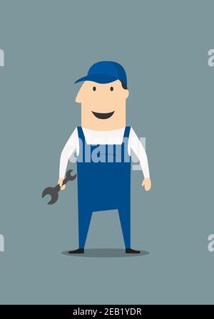 Cartoon mechanic or handy man holding a spanner or wrench standing in his overalls with a happy smile Stock Vector