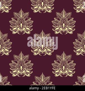 Paisley flourish seamless pattern on burgundy background with abstract beige flowers composed of pointed blossoms with curly tips for wallpaper or tex Stock Vector