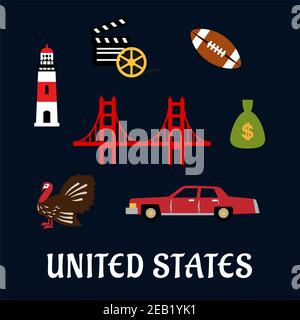 Colored flat travel United States icons with Thanksgiving turkey, Golden Gate Bridge, football, lighthouse, film, classic car and dollar money bag Stock Vector