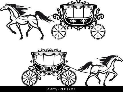 Horses harnessed to a antique carriages with elegant curtains on the windows and floral elements on the roofs and doors for wedding design Stock Vector