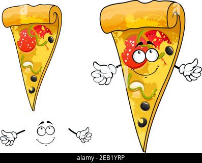 Cartoon thin slice of pizza character with cheese and sliced salami, tomato, pepper, mushroom, olives for pizzeria or takeaway restaurant menu design Stock Vector