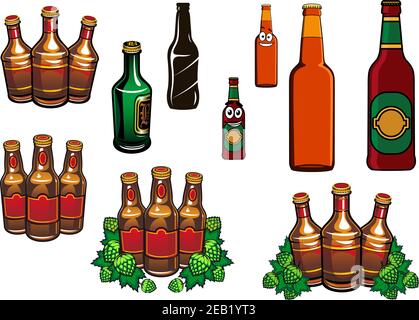 Beer bottles set with cartoon green and brown glass bottles of beer, hop, blank labels and funny smiling faces for alcohol beverage design Stock Vector