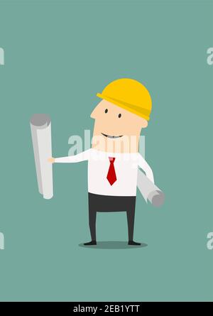 Happy architect or engineer in yellow safety helmet with building project blueprints rolls, for investor presentation on construction industry concept Stock Vector