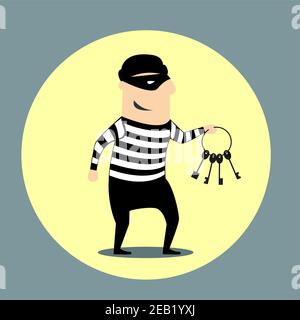 Burglar dressed in a mask and striped clothes carrying a bunch of keys inside a yellow circular icon, flat style Stock Vector