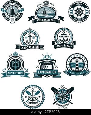 Vintage blue nautical badges and logo including ship, helms, anchors, crossed paddles, old lighthouse, compass, bell framed by ropes, chains, lifebuoy Stock Vector