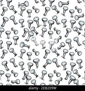 Hammered steel nails into white material seamless pattern in cartoon style with shining flattened heads for textile or wrapping paper design Stock Vector