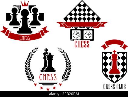 Chess game sports logos and emblems set isolated on white with red and black figures Stock Vector
