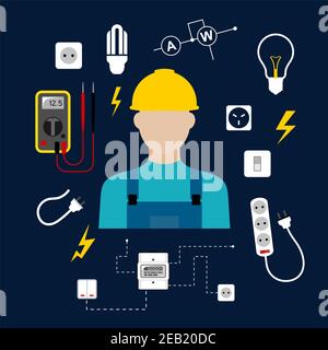 Professional electrician concept with electric man in yellow hard hat with electrical household supplies, electric tools and equipments symbols on dar Stock Vector