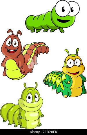 Cute colorful cartoon caterpillars characters with happy smiling faces and different patterns, isolated on white Stock Vector