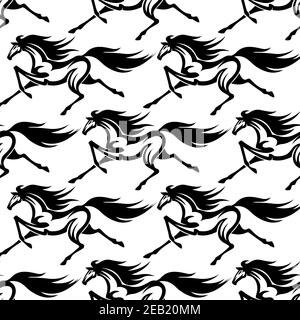 Galloping wild horses seamless pattern background in black and white colors with outlines of running horses for fabric or flyleaf design Stock Vector