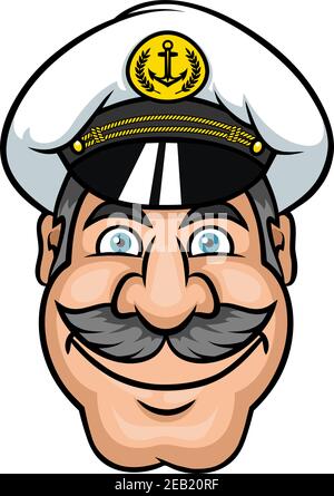 Ship captain portrait depicting smiling mature man in white peaked cap with gray hair and lush moustache in cartoon style isolated on white background Stock Vector
