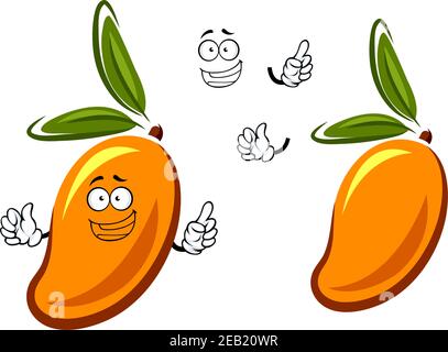 Funny cartoon orange mango fruit character with narrow dark green leaves isolated on white background, for menu or tropical dessert design Stock Vector