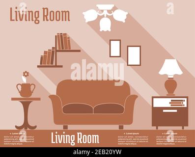 Flat interior design infographic of living room in brown and orange colors with comfortable sofa, bedside tables on both sides, lamp, chandelier and b Stock Vector