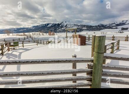 Yellowstone National Park, WY: Corral fence line and wood shed at the Lamar Buffalo Ranch in Lamar Valley in winter Stock Photo