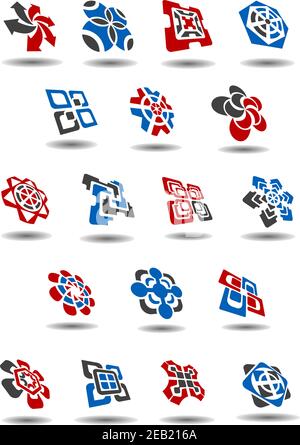 Abstract business and technology emblems or icons design templates with compositions of circles, arrows, squares and crosses in gray, red and blue col Stock Vector