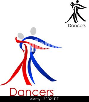 Dancing couple abstract logo or emblem template with man and woman silhouettes composed of red and blue ribbons Stock Vector