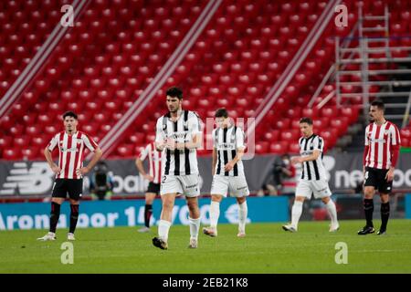 Bilbao, Basque Country, Spain. 11th Feb, 2021. Levante players celebrating during the Copa del Rey semi-final game between Athletic Club and Levante at San Mames stadium. Credit: Edu Del Fresno/ZUMA Wire/Alamy Live News Stock Photo