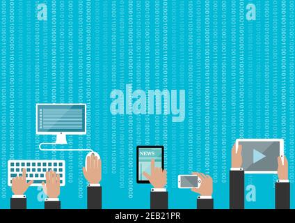 Human hands with devices on light blue background with binary digits pattern, for communication and technology design Stock Vector