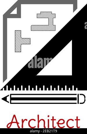Black and white architect icon with a building blueprint, right angle set square and pencil with text Architect below Stock Vector