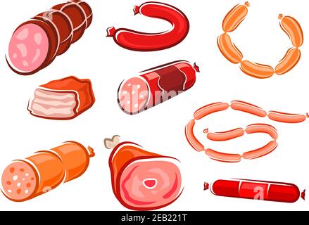Cartoon processed meats and sausages with ham, pork, meatloaf, salami isolated on white background Stock Vector
