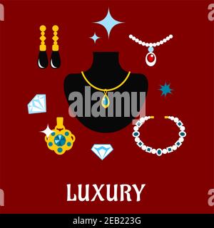 Luxury concept displaying expensive jewelry with gemstone necklaces, pendants and earrings with shiny diamonds around a central display bust, vector i Stock Vector