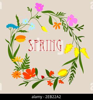Circular spring floral wreath or frame with colorful silhouettes of spring flowers and leaves around central text Spring Stock Vector