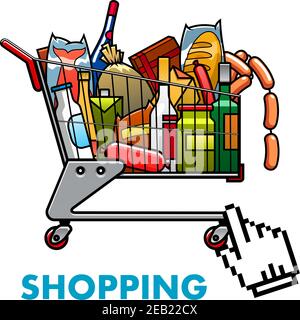 Online shopping concept with a full shopping cart of assorted groceries and drinks with web hand icon below for ordering or purchasing Stock Vector