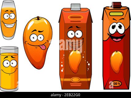 Fresh tropical mango cartoon fruit and juice set with two different juice cartons, two full glasses and a fresh whole fruit, all with happy faces Stock Vector