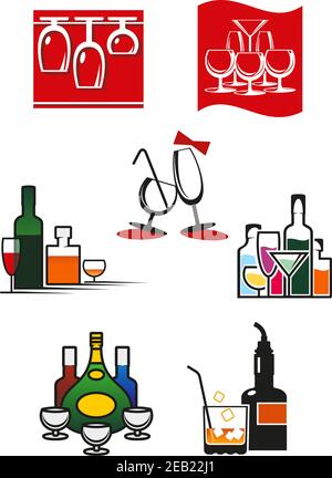 Glasses, wineglasses and alcohol icons or symbols for cafe, bar or restaurant design Stock Vector