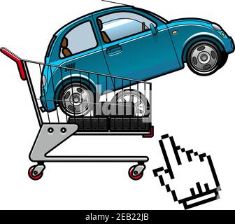 New blue car and set of tires on a shopping cart with cursor hand icon in cartoon style suited for buying car online or online shopping concept design Stock Vector